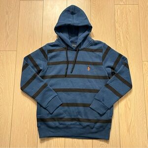 Polo Ralph Lauren Men's Blue Black Striped Pullover Hoodie Fleece Large